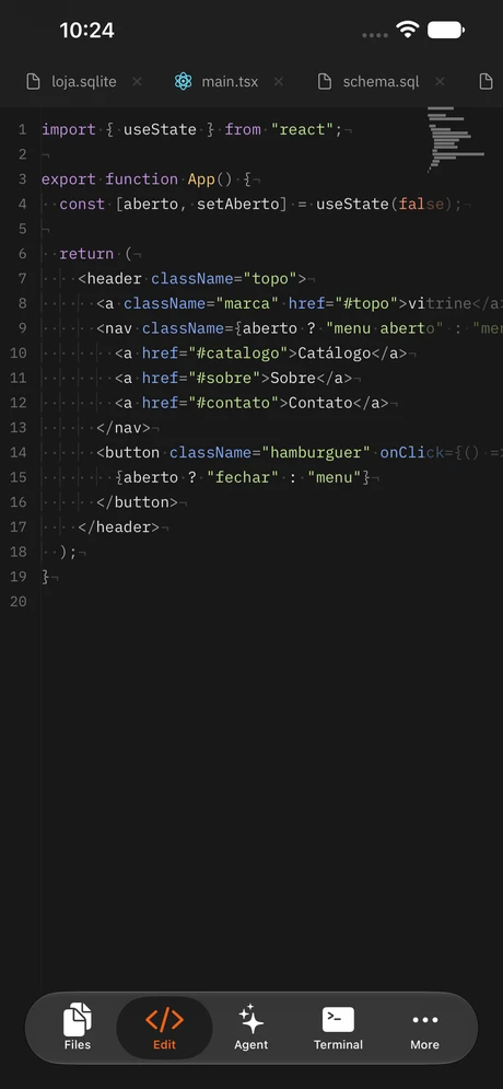 Editor de código da Odete no iPhone com arquivo React aberto.