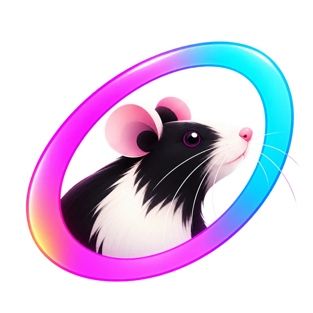 Mascote de um rato preto e branco dentro de um aro rosa e ciano